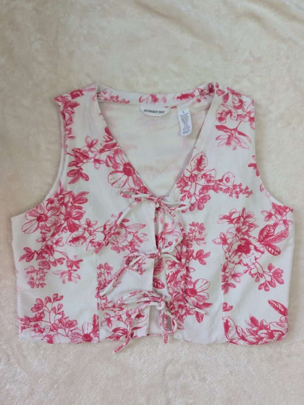 White & Pink Floral Lace-Up Crop Top Cotton Linen Blend